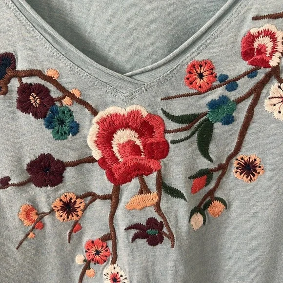 Garnet Hill Sz L Blue Floral Embroidered Top Cotton Modal Boho Cottagecore Artsy - Picture 5 of 11